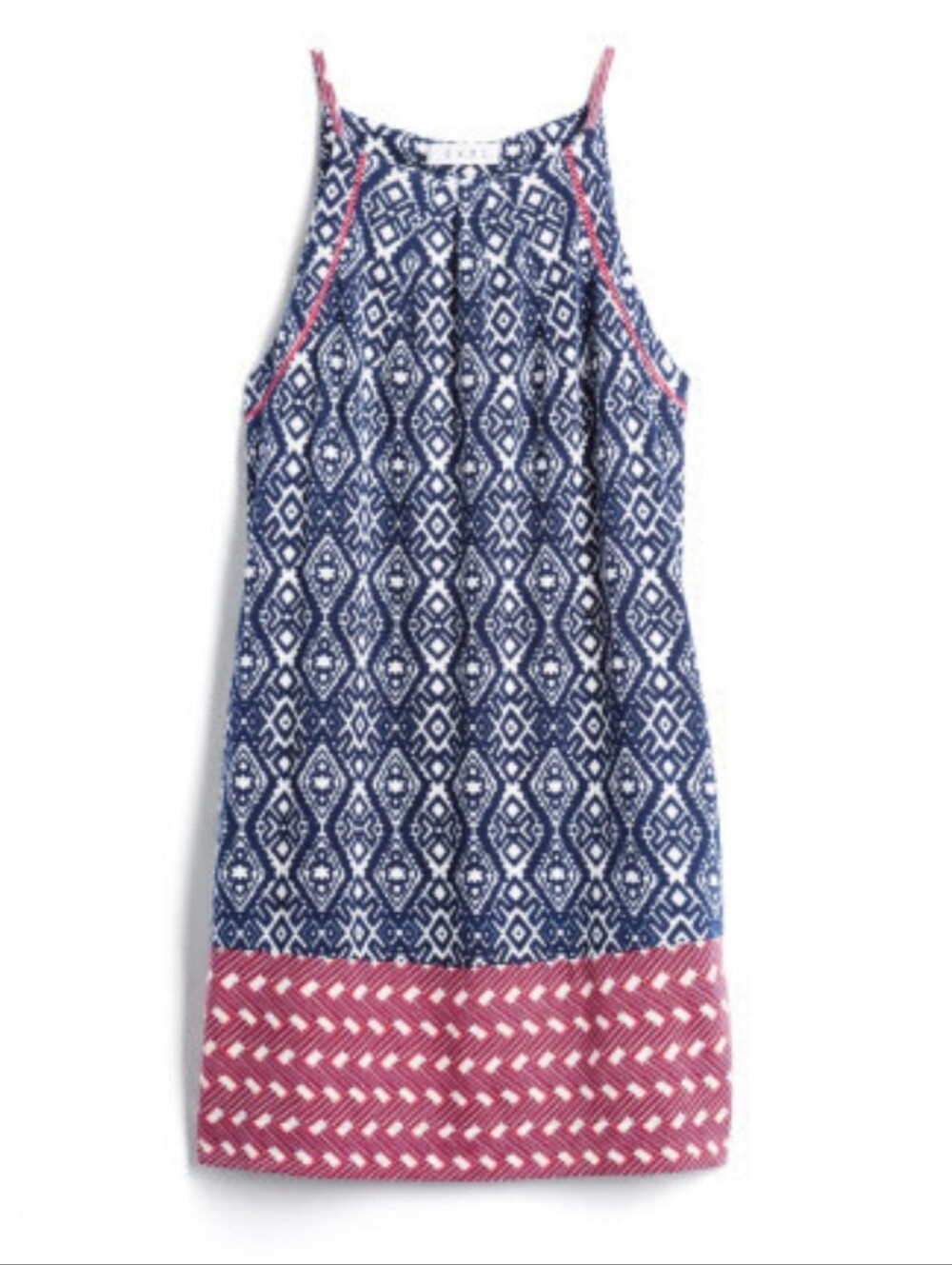 THML Stitchfix Blue & Red Knee-length Dress High Neck Geometric Print, Size M